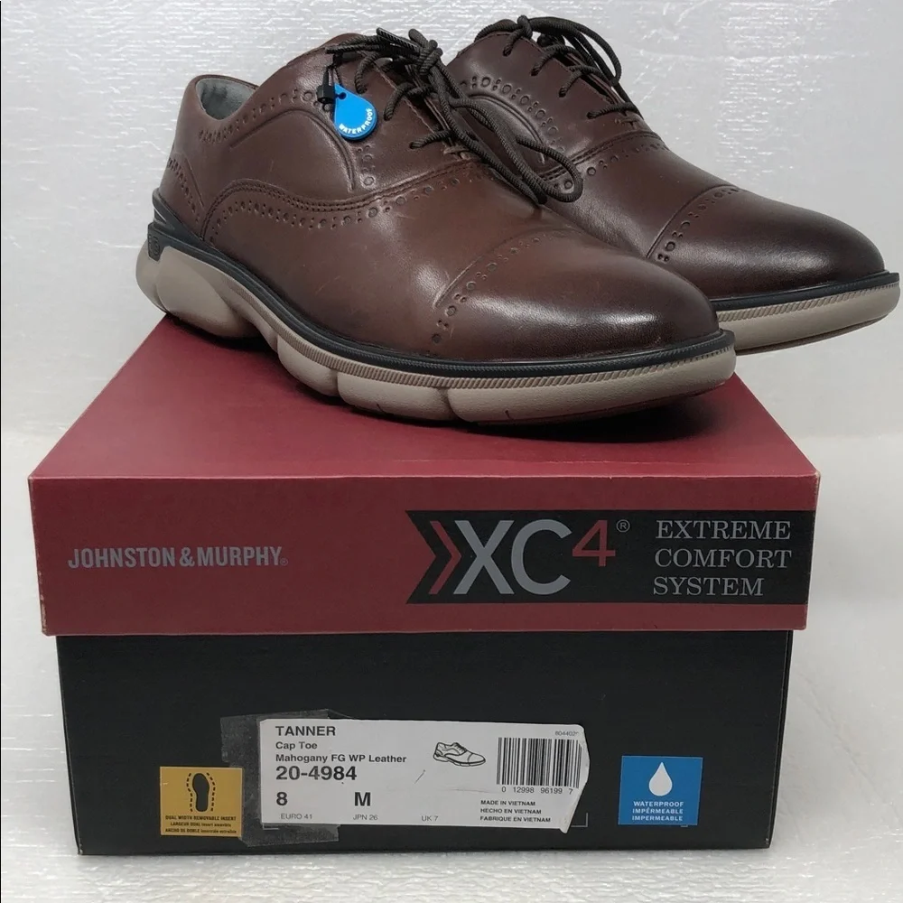 NEW Johnston & Murphy Shoes Tanner XC4 Mahogany Leather CapToe Waterproof Mens 8